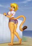  2018 anthro beach big_breasts big_butt blonde_hair breasts butt cat clothing cougar cutoffs denim_shorts eyelashes feline female fur gold_fur green_eyes hair lion looking_at_viewer mammal mayfield pink_nose pollo-chan rhoda seaside shorts smile solo standing tongue tongue_out water 