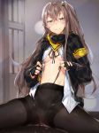  armband ass bangs black_legwear black_panties black_ribbon blurry blurry_background blush breasts brown_hair commentary_request crossed_bangs eyebrows_visible_through_hair fingerless_gloves girls_frontline gloves hair_between_eyes hair_ornament highres hood hood_down hooded_jacket indoors jacket long_hair long_sleeves looking_at_viewer navel neck_ribbon no_bra no_pants one_side_up open_clothes open_jacket open_shirt panties panties_under_pantyhose pantyhose parted_lips ribbon scar scar_across_eye scarf shirt side-tie_panties sidelocks small_breasts smile stomach straddling thighband_pantyhose twitter_username ump45_(girls_frontline) underboob underwear undressing uno_ryoku untied untied_panties white_shirt yellow_eyes 
