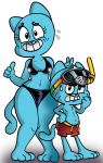  age_difference anthro bikini blue_fur blush breasts cartoon_network cat cleavage clenched_teeth clothed clothing embarrassed feline female fur gumball_watterson hand_on_hip larger_female looking_at_viewer male mammal mature_female mother mother_and_son navel nicole_watterson older_female parent simple_background size_difference smile snorkel son sweat sweatdrop swimsuit teeth the_amazing_world_of_gumball waniramirez whiskers wide_hips younger_male 
