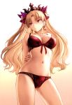  :&lt; absurdres arms_behind_back ass_visible_through_thighs bangs blonde_hair bra breasts cleavage closed_mouth collarbone contrapposto cowboy_shot crown earrings ereshkigal_(fate/grand_order) eyebrows_visible_through_hair fate/grand_order fate_(series) frown gradient gradient_background hair_ornament highres jewelry large_breasts long_hair looking_away mashu_003 navel panties parted_bangs red_bra red_eyes red_panties scan simple_background solo standing two_side_up underwear underwear_only 