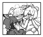  :3 alpaca_ears alpaca_suri_(kemono_friends) animal_ears blush comic commentary_request eyebrows_visible_through_hair greyscale hair_over_one_eye head_wings japanese_crested_ibis_(kemono_friends) kemono_friends kotobuki_(tiny_life) looking_at_another monochrome multiple_girls one_eye_closed open_mouth scarlet_ibis_(kemono_friends) short_hair smile tail 