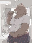  5_fingers anthro belly blush boxers_(clothing) brown_fur brushing_teeth bulge clothing dv-ch erect_nipples erection fur male mammal navel nipples obese overweight penis_outline solo toothbrush underwear ursine 