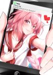  astolfo_(fate) bangs black_bow blurry blush bow braid brand_name_imitation cellphone cellphone_picture character_name closed_mouth collarbone commentary_request depth_of_field fang fang_out fate/grand_order fate_(series) fingernails hair_between_eyes hair_bow hair_intakes head_tilt heart highres holding holding_phone line_(naver) long_hair looking_at_viewer male_focus multicolored multicolored_eyes neckerchief otoko_no_ko out_of_frame outstretched_arm phone pink_eyes pink_hair pov pov_hands red_neckwear red_sailor_collar sailor_collar school_uniform self_shot serafuku shiny shiny_hair shirt_pull short_sleeves sidelocks simple_background single_braid smartphone smile solo_focus spoken_heart takatun223 texting translated upper_body white_background yellow_eyes 