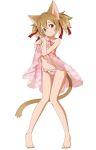  animal_ears barefoot bikini blush bow brown_hair cat_ears cat_tail floral_print full_body hair_between_eyes hair_ribbon head_tilt long_hair looking_at_viewer pink_bikini pink_bow print_bikini red_eyes red_ribbon ribbon see-through_silhouette shiny shiny_hair silica silica_(sao-alo) simple_background smile solo standing swimsuit sword_art_online tail twintails white_background 