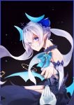  absurdres aqua_neckwear aqua_wings bangs bare_shoulders border commentary crown demon_girl demon_horns elsword english_commentary floating floating_object from_side fur_collar gold_trim highres horns ladiance long_hair looking_at_viewer looking_to_the_side low_wings luciela_r._sourcream night night_sky noblesse_(elsword) outdoors pointy_ears pov pov_hands reaching_out ribbon sky smile solo_focus star star-shaped_pupils star_(sky) starry_sky symbol-shaped_pupils white_hair wings 