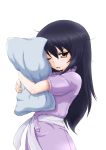  absurdres angry bangs black_hair brown_eyes commentary daxz240r dress girls_und_panzer glaring hairband highres holding holding_pillow long_hair looking_at_viewer messy_hair one_eye_closed pajamas pillow purple_dress reizei_mako short_sleeves simple_background solo standing upper_body v-shaped_eyebrows white_background white_hairband 