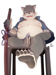  5_toes anthro bulge canine erection m_ikky male mammal melee_weapon moritaka open_mouth pawpads scar simple_background sitting slightly_chubby solo sword toes tokyo_afterschool_summoners weapon 