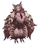  bangs blush breasts brown_eyes brown_hair eyebrows_visible_through_hair feathers fluffy harpy highres kenkou_cross large_breasts looking_at_viewer monster_girl monster_girl_encyclopedia necktie owl_mage_(monster_girl_encyclopedia) pants ribbed_sweater short_eyebrows short_hair solo sweater talons white_background wings 