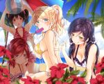  armpits arms_up ayase_eli ball bangs beach beachball bikini black_hair blonde_hair blue_eyes blush breasts chin_rest cleavage collarbone commentary_request day eating eyebrows_visible_through_hair floral_print flower food food_in_mouth frilled_bikini frills green_eyes hair_ornament hair_scrunchie halterneck holding holding_food licking_lips looking_at_viewer love_live! love_live!_school_idol_festival love_live!_school_idol_project medium_breasts mogu_(au1127) multiple_girls nishikino_maki ocean outdoors palm_tree pink_scrunchie ponytail print_bikini purple_eyes purple_hair red_bikini red_eyes red_flower red_hair scrunchie side-tie_bikini sideboob sidelocks swimsuit textless tongue tongue_out toujou_nozomi tree twintails umbrella untying white_scrunchie yazawa_nico yellow_bikini 