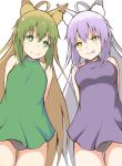  2girls :p absurdres agrius_metamorphosis ahoge animal_ear_fluff animal_ears ass_visible_through_thighs atalanta_(alter)_(fate) atalanta_(fate) bangs bare_shoulders black_panties blush breasts brown_hair cat_ears closed_mouth commentary_request dress eyebrows_visible_through_hair fate/apocrypha fate/grand_order fate_(series) gradient_hair green_dress green_eyes green_hair hair_between_eyes highres medium_breasts mitchi multicolored_hair multiple_girls panties purple_dress purple_hair silver_hair simple_background sleeveless sleeveless_dress small_breasts smile thigh_gap tongue tongue_out underwear white_background 