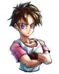  black_hair blue_eyes brown_gloves crossed_arms dragon_ball dragon_ball_z eyelashes frown gloves looking_away lowres open_mouth purple_shirt shirt short_hair simple_background sleeveless sleeveless_shirt solo st62svnexilf2p9 upper_body videl white_background white_shirt 