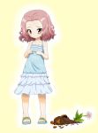  blue_dress blush broken brown_eyes casual daxz240r dress fingers_together flower_pot frown girls_und_panzer highres layered_dress looking_away looking_down medium_dress red_hair rosehip sandals short_hair simple_background solo spaghetti_strap standing yellow_background younger 