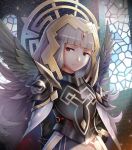  armor cape crown fire_emblem fire_emblem_heroes gloves gonzarez grey_hair hair_ornament long_hair looking_at_viewer red_eyes shoulder_armor simple_background solo veronica_(fire_emblem) 