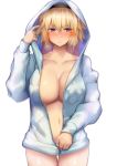  alternate_hairstyle ass_visible_through_thighs bangs black_hairband blonde_hair blue_eyes blue_jacket blush breasts collarbone commentary_request cowboy_shot eyebrows_visible_through_hair fate/grand_order fate_(series) hair_between_eyes hair_down hairband hood hooded_jacket jacket jeanne_d'arc_(fate)_(all) jeanne_d'arc_(swimsuit_archer) large_breasts lips long_hair long_sleeves looking_at_viewer naked_coat navel open_clothes open_jacket parted_lips satou_daiji simple_background solo standing thigh_gap thighs unzipped unzipping very_long_hair 