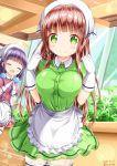  :d ^_^ apron blend_s blush breasts brown_hair closed_eyes closed_mouth collared_shirt commentary_request company_connection cosplay crossover dated dress_shirt frilled_apron frills gloves gochuumon_wa_usagi_desu_ka? green_eyes green_shirt green_skirt hands_up head_scarf highres indoors large_breasts long_hair manga_time_kirara multiple_girls open_mouth picture_frame pink_shirt pink_skirt pleated_skirt puffy_short_sleeves puffy_sleeves purple_hair sakuranomiya_maika shirt short_sleeves skirt smile sparkle steepled_fingers stile_uniform twitter_username ujimatsu_chiya uniform very_long_hair waist_apron waitress white_apron white_gloves window zenon_(for_achieve) 