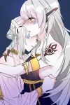  bare_shoulders claws code:_sariel_(elsword) code:_ultimate_(elsword) elsword eve_(elsword) facial_mark frown highres hug long_hair mechanical_ears multiple_girls open_mouth silver_hair sulleah symbol tattoo yuri 