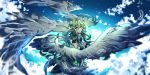  bad_id bad_pixiv_id cloud elf elsword eyebrows_visible_through_hair gem grand_archer_(elsword) green_hair hair_ornament highres jtlo123412 long_hair pointy_ears rena_(elsword) sky smile sparkle wings 