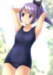  :o armpits arms_up ass_visible_through_thighs bangs bare_arms bare_shoulders black_ribbon blue_swimsuit blurry blurry_background blush breasts collarbone commentary_request day depth_of_field dutch_angle eyebrows_visible_through_hair hair_ribbon high_ponytail highres long_hair looking_away looking_to_the_side old_school_swimsuit one-piece_swimsuit original outdoors parted_lips ponytail purple_eyes purple_hair ribbon school_swimsuit shibacha sidelocks small_breasts solo swimsuit 