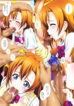  1girl absurdres blue_eyes blue_skirt bow bowtie brown_hair censored closed_eyes clothed_female_nude_male comic fellatio hair_bow hand_on_another's_head hetero highres kamogawa_tanuki kousaka_honoka licking_penis long_hair love_live! love_live!_school_idol_project mosaic mosaic_censoring nude oral otonokizaka_school_uniform penis pleated_skirt red_bow saliva school_uniform shiny shiny_hair shirt short_sleeves side_ponytail skirt speech_bubble striped striped_bow sweater sweater_vest tongue tongue_out translation_request white_shirt yellow_bow yellow_sweater 