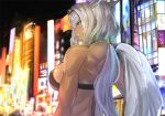  animal_ears aqua_eyes bangs bare_arms bare_shoulders biceps bikini bikini_top black_sky breasts caenis_(fate) city city_lights commentary_request dark_skin eyebrows_visible_through_hair fate/grand_order fate_(series) from_behind grin hair_intakes jacket_over_shoulder jikihatiman large_breasts long_hair long_ponytail muscle muscular_female night outdoors smile solo standing swimsuit upper_body urban white_hair 