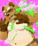  2017 anthro belly blush brown_fur canine fur male mammal moobs navel nikiciy one_eye_closed overweight overweight_male solo tanuki wink 