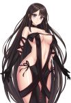  1girl bangs black_dress breasts brown_hair center_opening choker collarbone commentary_request consort_yu_(fate) cowboy_shot dress elbow_gloves fate/grand_order fate_(series) gloves long_hair looking_at_viewer medium_breasts navel qin red_eyes solo strapless strapless_dress very_long_hair white_background 