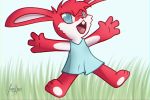  2018 anthro barefoot blue_eyes chibi clothed clothing cute digital_media_(artwork) dress female front_view fur grass hair happy hi_res hindpaw humanoid_hands jaan&amp;paw jumping lagomorph leipori long_ears looking_at_viewer mammal moji_(paladins) multicolored_fur nature open_mouth open_smile outside paladins paws rabbit red_fur red_nose signature simple_background sky smile solo teeth toes tongue two_tone_fur video_games white_fur 