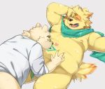  &lt;3 2018 anthro bear belly blush canine clothing cusith dog duo eyes_closed eyewear fur glasses humanoid_hands kissing male mammal moobs navel necktie nikiciy nipples overweight overweight_male rave_(housamo) scarf shirt simple_background tokyo_afterschool_summoners white_fur yellow_fur 