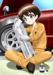 bangs black_footwear brown_eyes brown_hair can car closed_mouth commentary daxz240r full_body girls_und_panzer gloves ground_vehicle highres indian_style jumpsuit long_sleeves mechanic motor_vehicle nakajima_(girls_und_panzer) nissan nissan_fairlady orange_jumpsuit polishing rag shirt shoes short_hair sitting smile solo sparkle uniform white_gloves white_shirt 