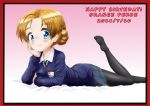  absurdres black_bow black_legwear black_neckwear blue_eyes blue_skirt blue_sweater border bow braid character_name chin_rest closed_mouth commentary dated daxz240r dress_shirt emblem english girls_und_panzer hair_bow happy_birthday highres leg_up long_sleeves looking_at_viewer lying miniskirt necktie no_shoes on_stomach orange_hair orange_pekoe pantyhose pleated_skirt red_border school_uniform shirt short_hair skirt smile solo st._gloriana's_(emblem) st._gloriana's_school_uniform sweater tied_hair twin_braids v-neck white_shirt wing_collar 