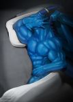  2017 abs bed bedding bedroom blanket blue_dragon_(character) blue_dragon_(series) blue_penis dragon hi_res horn male muscular muscular_male pecs penis pillow reptile ring scalie shadow_(blue_dragon) sleeping solo thick_thighs todex 