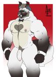  aereous aerrow anthro belly biceps bulge chippendales cute digital_media_(artwork) facial_hair facial_piercing fur hair hi_res horn hybrid male muscular muscular_male nipple_piercing nipples nude pecs penis piercing simple_background slightly_chubby solo white_fur 