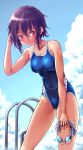 arena_(company) black_hair blue_sky blue_swimsuit breasts cloud commentary_request competition_school_swimsuit day goggles goggles_removed leaning_forward logo medium_breasts mendou_saya one-piece_tan original pool_ladder red_eyes short_hair sky solo standing swim_cap swim_cap_removed swimsuit tan tanline 
