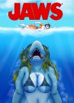  2018 3_toes 5_fingers abs absurd_res alty anthro aurora_(sir-sprinkleton) bikini canine clothing digital_drawing_(artwork) digital_media_(artwork) duo ear_piercing female fish fox fur hi_res jaws_(film) male mammal marine movie_poster open_mouth open_smile orange_fur parody partially_submerged piercing shark smile swimming swimsuit thebmeister toes underwater uvula water 