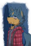  2016 anthro black_nose blue_background blue_eyes blue_fur canine cheek_tuft chest_tuft clothed clothing dog fur fur_markings half-closed_eyes head_tuft hoodie inner_ear_fluff male mammal markings multicolored_fur open_mouth raining saku1saya seiya_(saku1saya) shirt simple_background solo tan_fur tired tuft two_tone_background two_tone_fur wet wet_fur white_background 