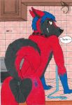  2017 anus balls bayzan_(artist) bent_over blue_anus blue_fur blue_hair blush bowl bubble_text canine collar dog fur grey_fur grin hair husky kitchen kitchen_counter leash looking_at_viewer mammal oven paw_tattoo presenting red_fur smile submissive traditional_media_(artwork) 