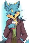  ... 2016 anthro beverage black_nose blue_background blue_eyes blue_fur blush canine cheek_tuft clothed clothing cup dog fur fur_markings hand_in_pocket head_tuft holding_object hoodie inner_ear_fluff looking_at_viewer male mammal markings multicolored_fur ponytail saku1saya seiya_(saku1saya) shirt simple_background smile solo tan_fur text tuft two_tone_background two_tone_fur white_background 