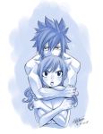  1girl 2018 :o bangs blush breasts chain_necklace cleavage collarbone covering covering_breasts dated eyebrows_visible_through_hair fairy_tail fairy_wings gray_fullbuster hair_between_eyes hug hug_from_behind juvia_lockser large_breasts long_hair looking_at_viewer mashima_hiro monochrome nude official_art open_mouth signature sketch spiked_hair swept_bangs underboob upper_body white_background wings 