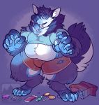  2015 anthro belly big_belly big_feet big_tail bulge canine clothed clothing dog eating forestfright garth_(character) looking_pleasured malamute male mammal obese overweight overweight_male signature solo thick_thighs tongue tongue_out torn_clothing underwear were werewolf 