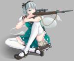  aiming arm_support black_hairband bloomers bolt_action chinese_commentary commentary dress flower green_eyes gun hairband konpaku_youmu konpaku_youmu_(ghost) lolipantherwww mary_janes one_eye_closed puffy_short_sleeves puffy_sleeves rifle scope shoes short_hair short_sleeves silver_hair simple_background sitting sniper_rifle thighhighs touhou underwear weapon 