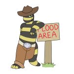  anthro belt clothed clothing cowboy_hat crocodilianbooty gila_monster grass hat lizard looking_at_viewer male pants reptile scalie sign simple_background slightly_chubby solo topless 