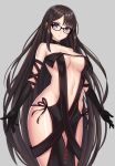  1girl bangs black_dress breasts brown_hair center_opening choker collarbone commentary_request consort_yu_(fate) cowboy_shot dress ear_piercing elbow_gloves fate/grand_order fate_(series) fur_trim glasses gloves grey_background long_hair looking_at_viewer medium_breasts navel piercing qin red_eyes revealing_clothes solo strapless strapless_dress very_long_hair 