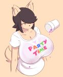  anthro beverage big_breasts black_hair blush breasts canine cleavage clothed clothing cup dog ear_piercing female hair huge_breasts maggie_applebee mammal nipples piercing shirt short_hair sweat sweatdrop theycallhimcake translucent wet_clothes wet_shirt 
