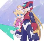  1girl android black_eyes blonde_hair blue_eyes ciel_(rockman) closed_mouth coat energy_blade energy_sword eyebrows_visible_through_hair gloves hair_between_eyes headgear helmet high_ponytail holding holding_weapon kon_(kin219) long_hair pink_coat ponytail rockman rockman_zero snow snowing standing sword very_long_hair weapon white_gloves zero_(rockman) 