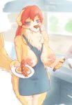  1girl apron blue_eyes breasts dog egg furry hotdog long_hair naked_apron nipples red_hair rigi solo 