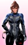  artist_name bodysuit bowalia breasts brown_eyes brown_hair commentary_request covered_navel dead_or_alive dead_or_alive_6 gloves hair_ribbon high_ponytail kasumi_(doa) muscle muscular_female ninja ponytail ribbon sheath sheathed skin_tight solo thick_thighs thighs white_gloves 