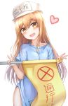  :d absurdres bangs blonde_hair blue_dress blush clothes_writing collarbone commentary contrapposto cowboy_shot dated dress eyebrows_visible_through_hair flag flat_cap hair_between_eyes hat hataraku_saibou head_tilt heart highres holding holding_flag long_hair looking_at_viewer open_mouth platelet_(hataraku_saibou) round_teeth short_sleeves simple_background smile solo standing sunhyun teeth upper_teeth white_background white_hat yellow_eyes 
