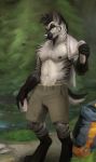  2018 anthro backpack chunie clothed clothing detailed_background digital_media_(artwork) forest fur grey_fur hi_res holding_object hyena lake looking_at_viewer male mammal muscular muscular_male nipple_piercing nipples orange_eyes piercing shorts smile solo standing striped_hyena stripes topless towel tree water white_fur white_nose 