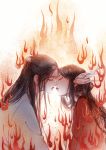  black_hair braid closed_eyes crying facing_another fire graphite_(medium) imminent_kiss ko_hokoryoku long_hair original pale_skin parted_lips profile tears traditional_media very_long_hair wing_hair_ornament 