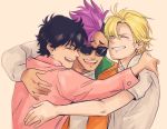  :d ash_lynx banana_fish black-framed_eyewear black_hair blonde_hair closed_eyes commentary eyebrow_piercing florbetriz green_eyes hug jacket male_focus mohawk multiple_boys okumura_eiji open_mouth orange_jacket piercing pink_background pink_shirt purple_hair shirt shorter_wong smile sunglasses upper_body white_shirt yaoi 